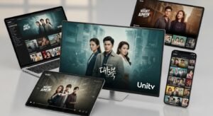 A collage of TV shows or digital streaming interface on multiple devices.