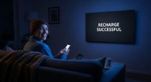 A person happily watching TV with “Recharge Successful” on screen