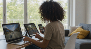 A person streaming on multiple devices.