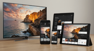 Collage of supported devices (TV, mobile, tablet).