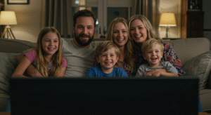 Family watching TV happily together.