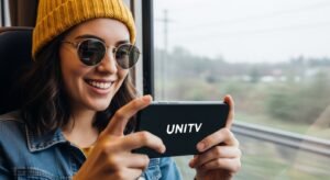 Happy person watching UNITV on smartphone while traveling