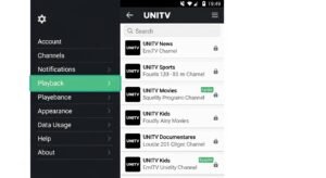 Screenshot of UNITV app settings and channel list