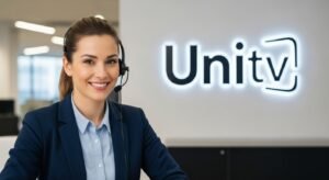 Smiling customer service agent with Unitv logo backdrop