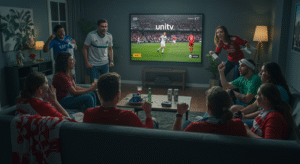 Family watching TV happily together.